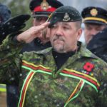 Paul Morden/Sarnia Observer/Postmedia Network
Shawn Osborne salutes during Friday's Remembrance Day ceremony at the Aamjiwnaang First Nation cenotaph. Osborne, from Six Nations, served in the Canadian Armed Forces and is currently a senior constable with the Sarnia Police Service. Sarnia's Remembrance Day parade is set to begin at 10:30 a.m. Sunday and travel along Wellington Street to the Sarnia Arena where the ceremony will take place at 11 a.m.